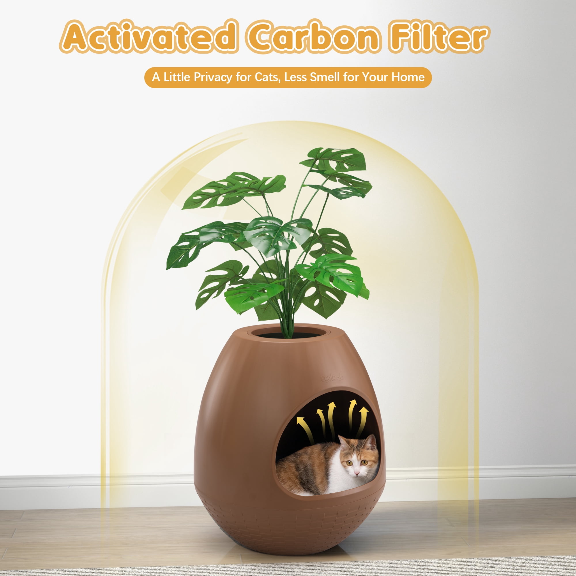 Coziwow Plant Litter Box, Hidden Cat Litter Box with Artificial Plants and Cat Litter Mat, Carbon Odor Filter System, Easy to Clean, Brown