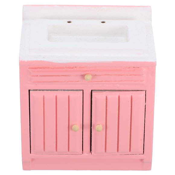 RUNROTOO Miniature Storage Cabinet Bathroom Miniature Sink Wooden Pink 1Pcs