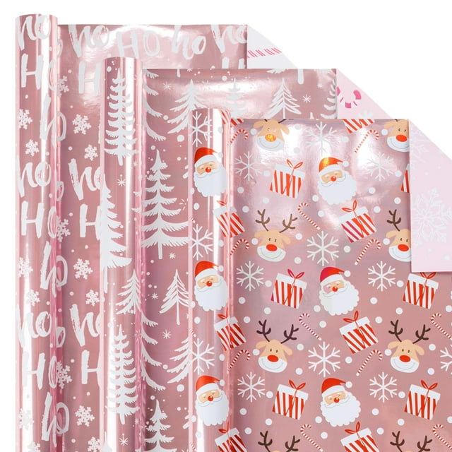 Papel de regalo reversible rosa para Navidad Burymento 43x305 cm