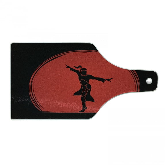 Kung Fu Cutting Board, Man Shows Powerful Karate Pose in Costume on Sun Look Round, Decorative Tempered Glass Cutting and Serving Board, in 3 Sizes, by Ambesonne