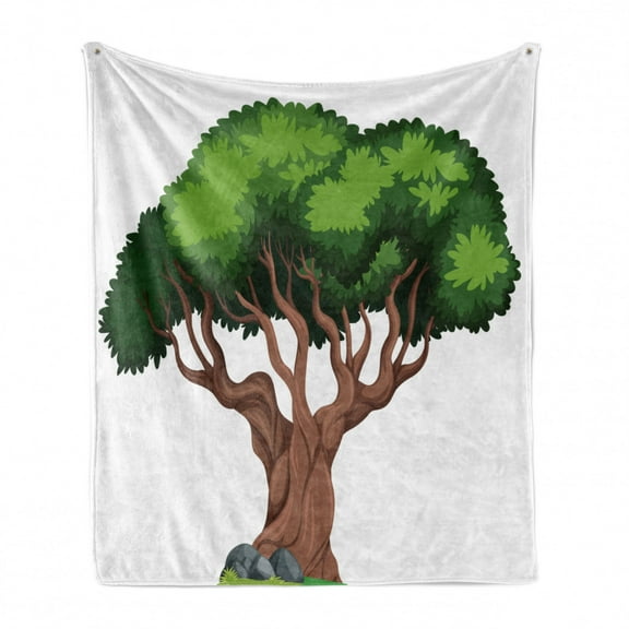 Tree Soft Flannel Fleece Throw Blanket, Cartoon Style Forest Element with a Thick Stem, Cozy Plush for Indoor and Outdoor Use, 60" x 80", Green Brown White, by Ambesonne