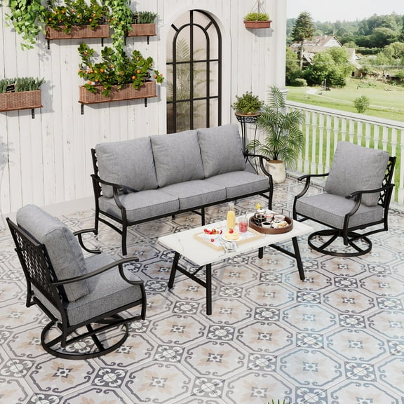 Sophia&William 5 Seat Patio Outdoor Furniture Sets Metal Patio Conversation Set with Marble Table & Swivel Chairs for Backyard, Lawn, Deck, Gray