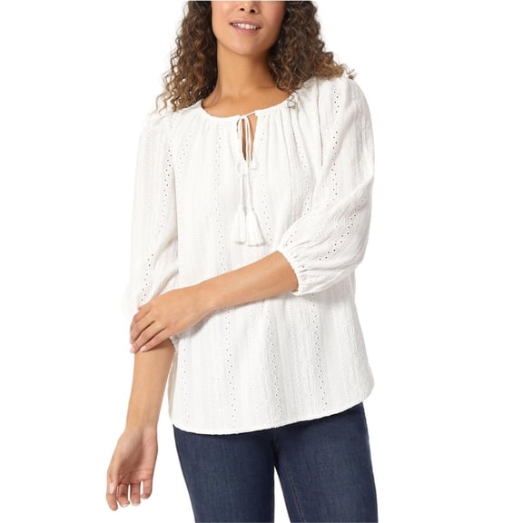 Jones New York Womens Eyelet Tie Neck Knit Blouse, White, Medium