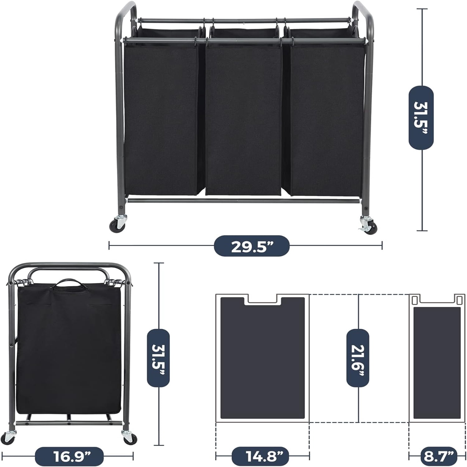 Laundry Sorter 3 Section, 3 Bag Laundry Hamper, Rolling Laundry Cart, Laundry Basket with Heavy Duty Lockable Wheels and Removable Bag for Clothes Storage, Black