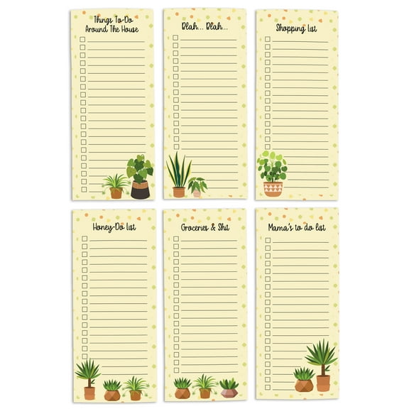 Inkdotpot Pack of 6 Funny Magnetic Dry Erase List For Fridge, Wipe Clean w/ NoStain, Quick Notes Shopping & Grocery List Whiteboard for Fridge, 8.75" x 3.8"(House Plants)