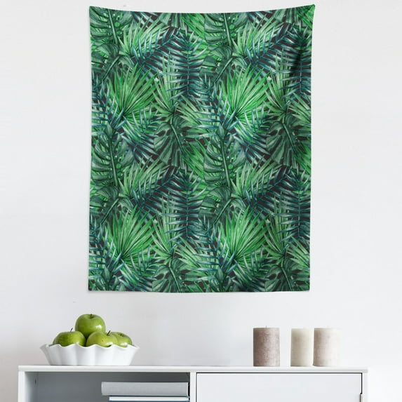 Leaf Tapestry, Watercolored Old Design Print of Palm Tropic Exotic Forest Leaves, Fabric Wall Hanging Decor for Bedroom Living Room Dorm, 5 Sizes, Forest Green Dark Green, by Ambesonne