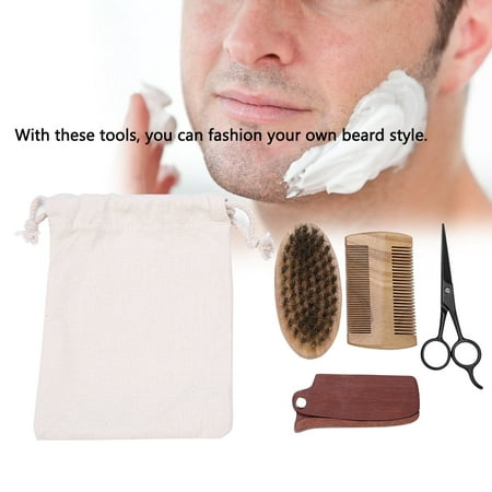 Men Beard Grooming Kit Mustache Facial Hair Care Tool 2 Comb + Brush + Scissors + Bag, Mustache Grooming Tool,Beard Grooming