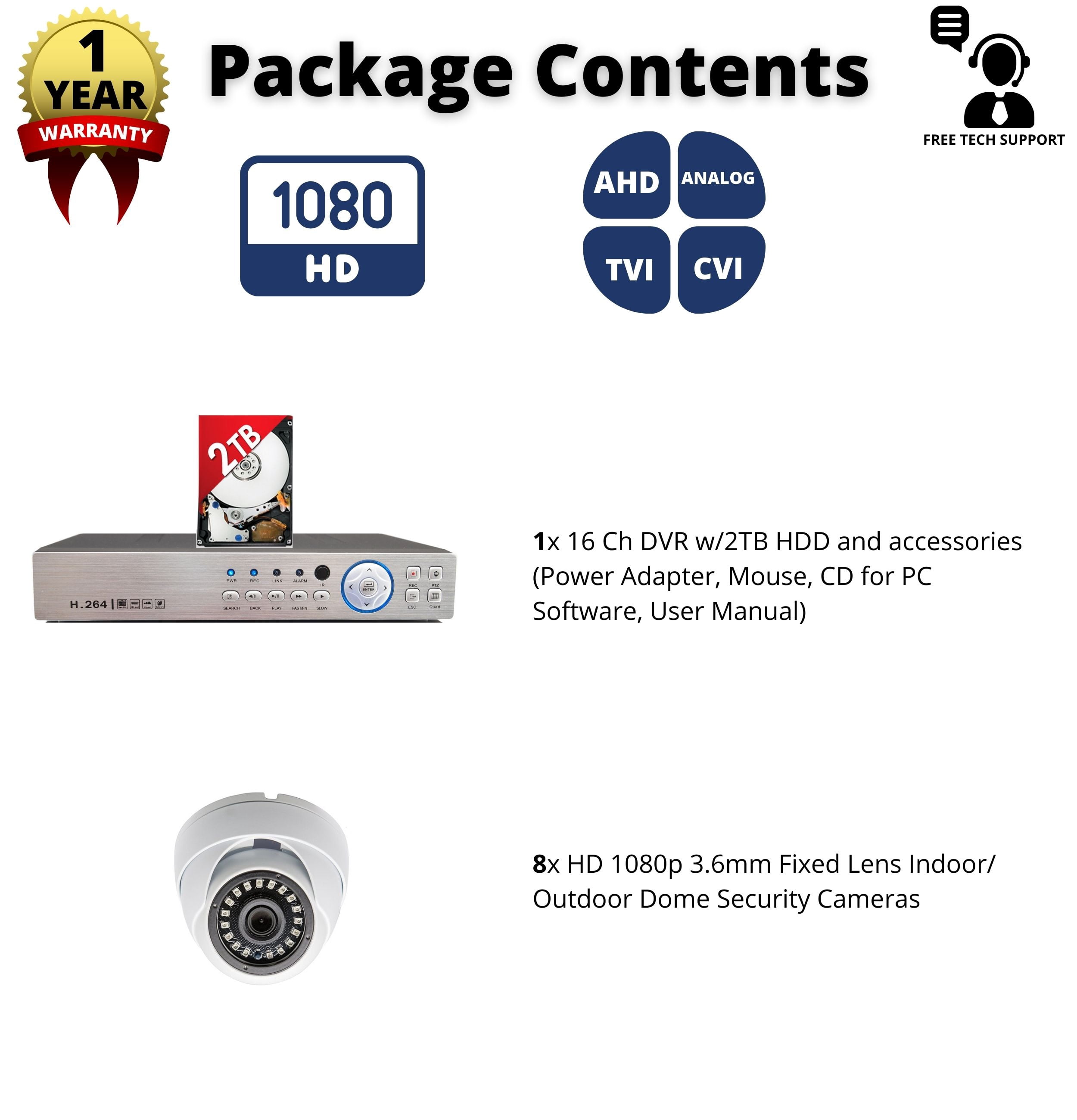Evertech 16 Channel HD Security Camera System 2TB Hard Drive (8) Dome 1080p Indoor Outdoor Security Cameras