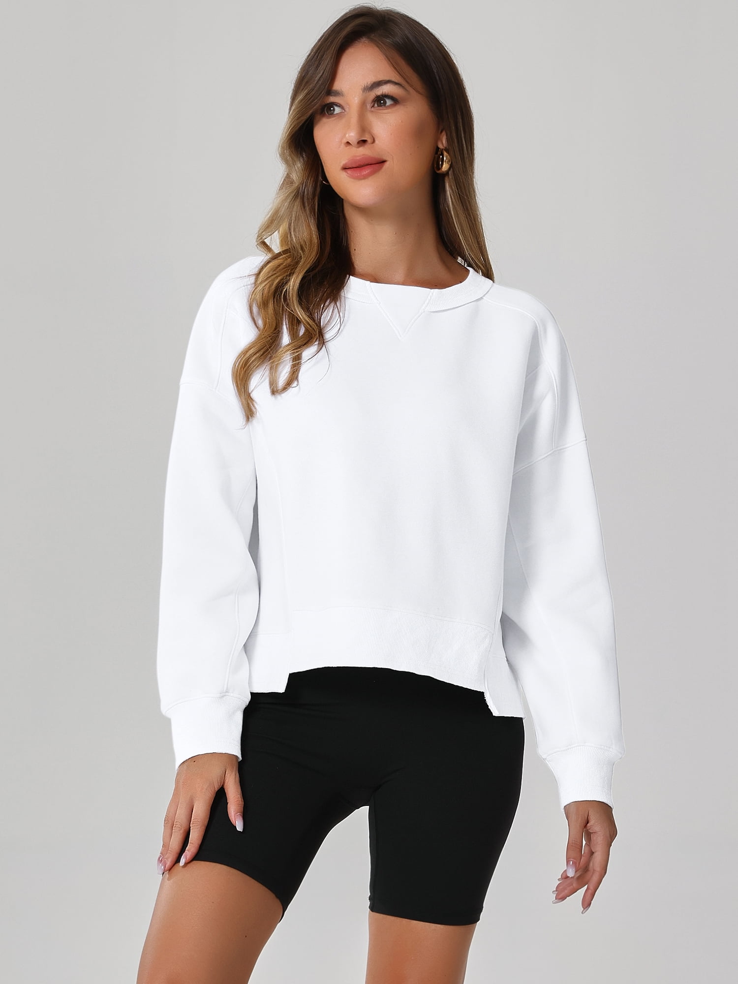 Unique Bargains Women Crew Neck Fleece Pullover Oversized Cropped Sweatshirt S White