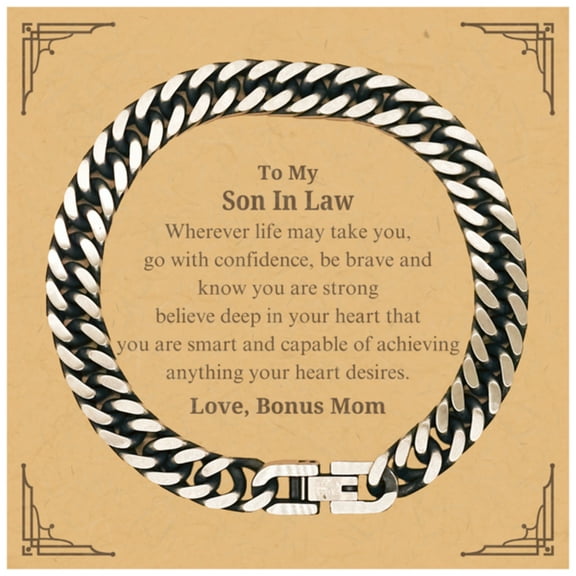 Son In Law Cuban Link Chain Bracelet - Confidence and Strength Gift for Birthday, Christmas, Graduation - Engraved Inspirational Quote from Bonus Mom - Unique Jewelry for Him