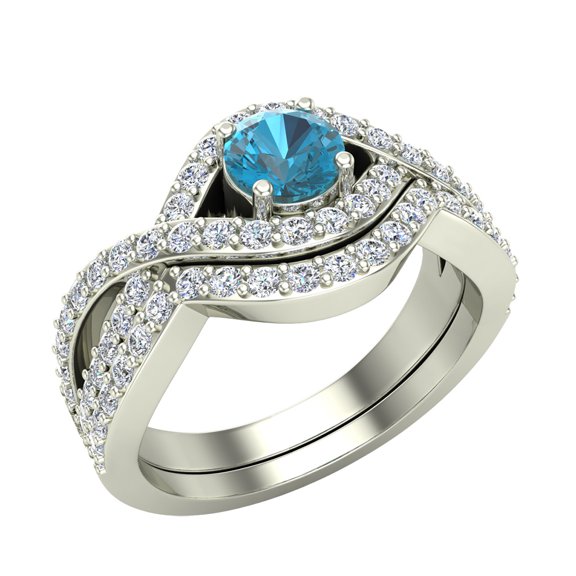 Blue Diamond Engagement Rings for Women Round Cut Blue Diamond Rings Criss Cross Intertwined 14K White Gold 1.10 Carat (F,VS1)