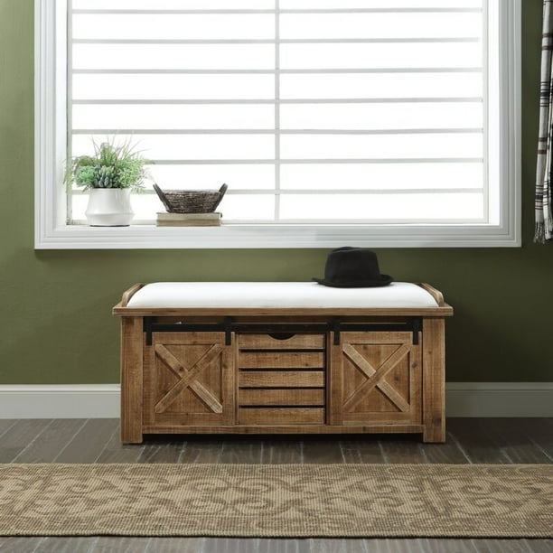 Cozayh Full Assembled Wood Storage Bench Rustic Farmhouse Style Entryway Mudroom Hallway Organizer Barn Doors Metal Slider Natural Com Barn Doors Metal Slider, Farmhouse Storage Bench