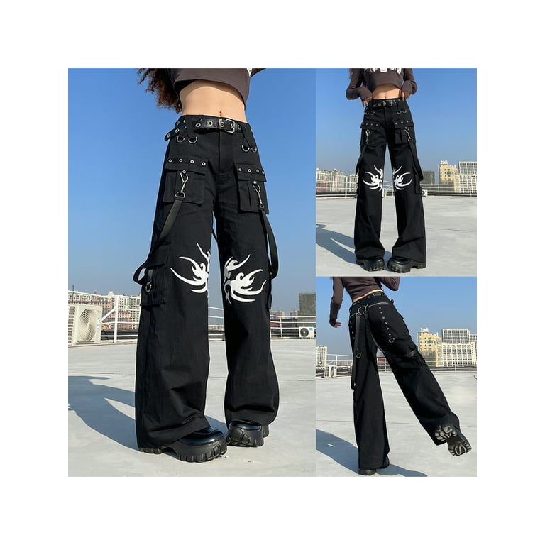 Women Harajuku Goth Pants Wide Leg Low Rise Baggy Pants Grunge Gothic Cargo  Pants with Chain Streetwear