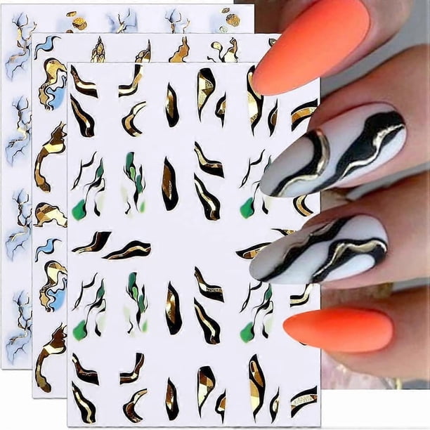 Geometric Lines Nail Stickers,Bronzing Marble Blooming Nail Decals Laser Gold Nail Art Stickers 3D Abstract Line Adhesive Stickers for Nails Women DIY