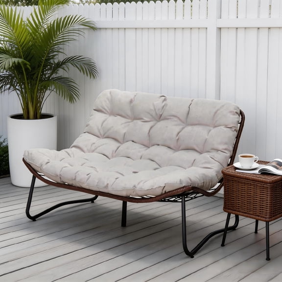Patio Loveseat Sofa, Outdoor Wicker Sofa with Thick Beige Cushion, All-Weather Patio Furniture Set for Garden, Backyard