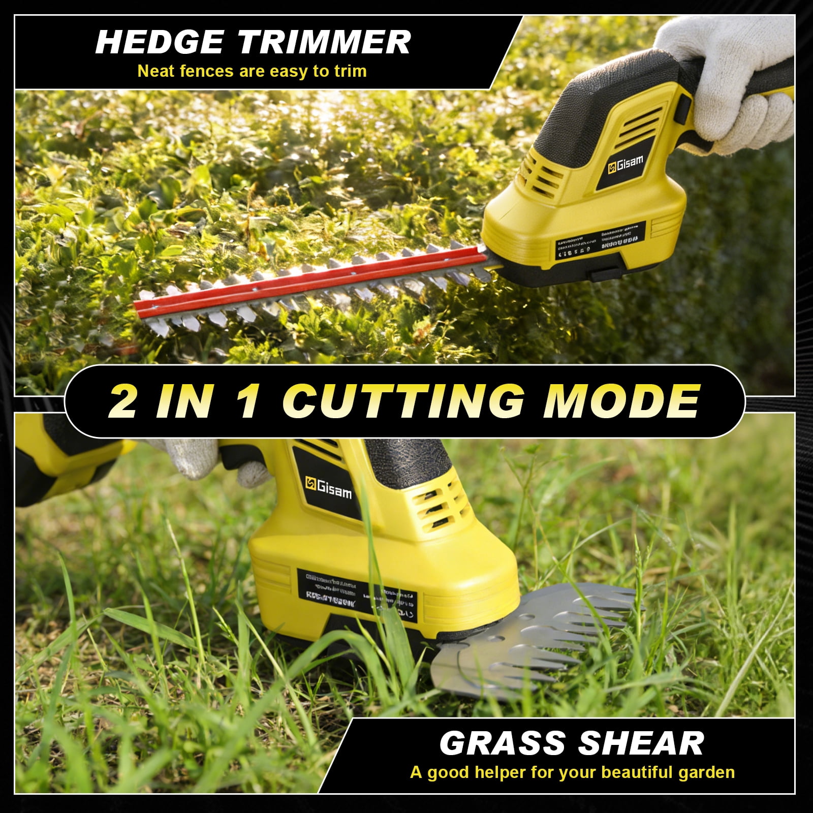 Gisam Cordless Electric Hedge Trimmer, 2-in-1 Mini Hedge Trimmer Cordless & Grass Shears, 2 x 2.0Ah Battery and Charger Included
