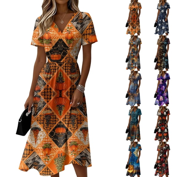 Womens Halloween Dress Ghost Short Sleeve Bat Fall Wrap Dress Spider V Neck Casual Wedding Guest Dresses M