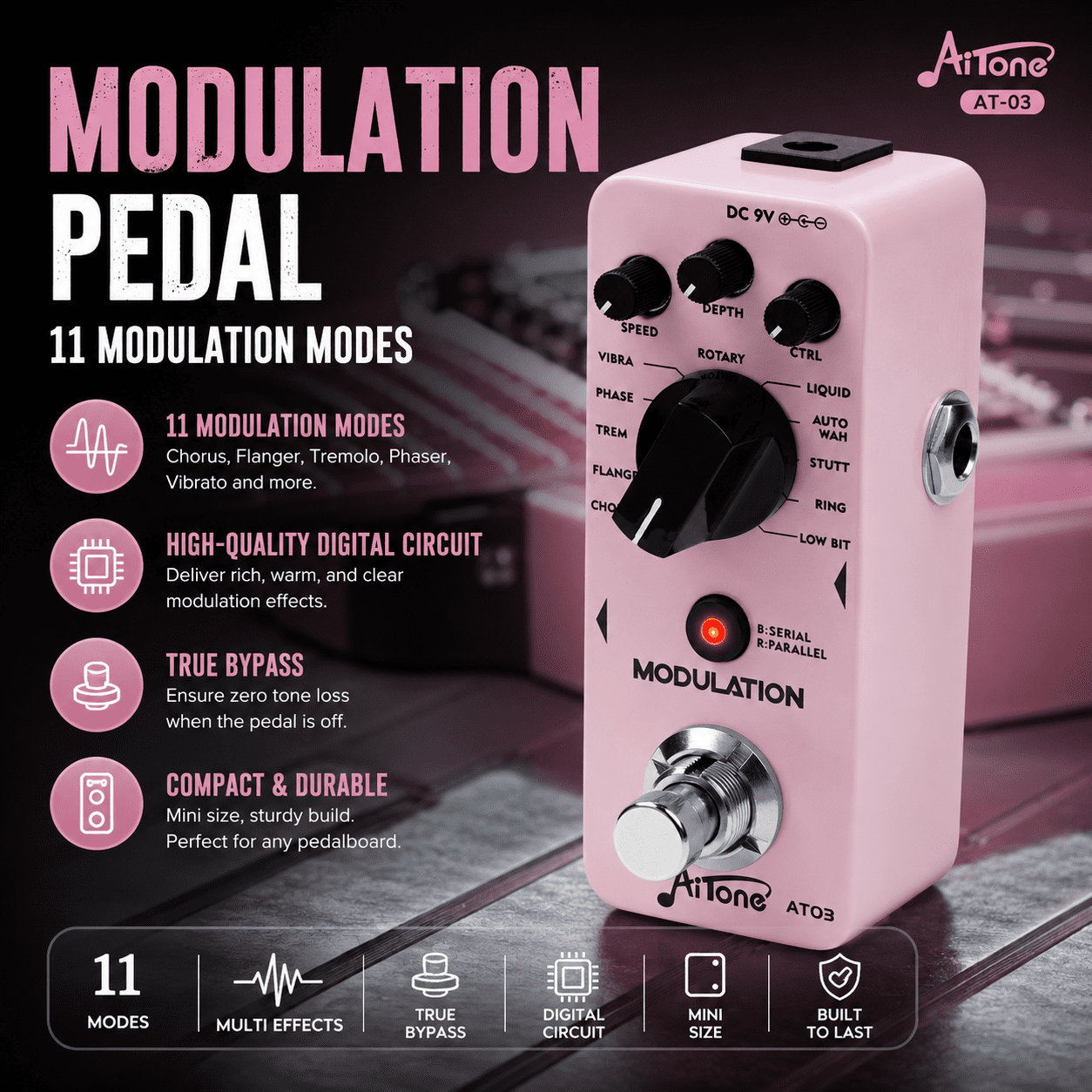 AITONE Modulation Pedal with Chorus Phaser Flanger Tremolo Vibrato Rotary Effects