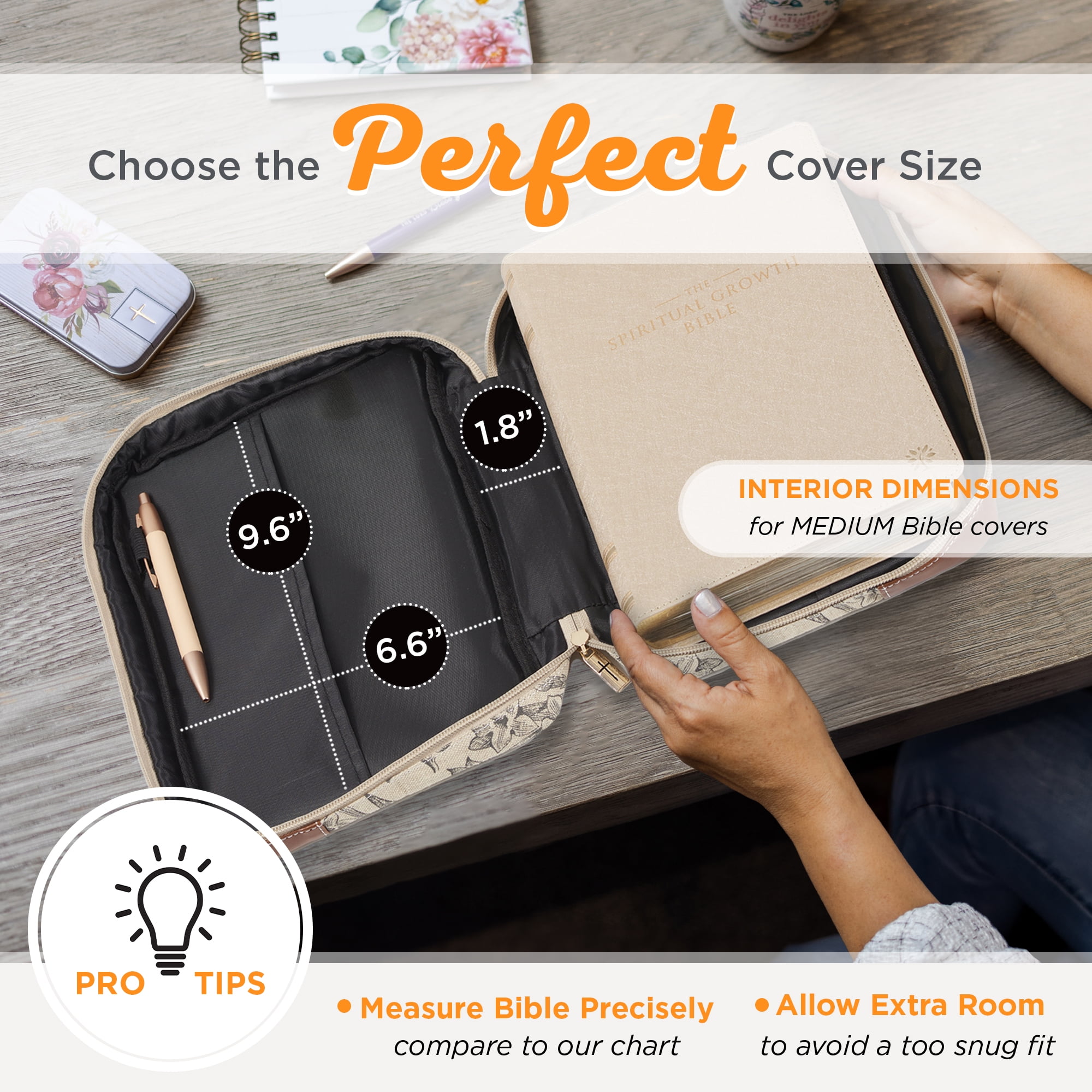 Christian Art Gifts Premium Vegan Leather Fashion Bible Cover for Women: Amazing Grace - 2 Cor. 12 Inspirational Scripture, Sturdy Protective Book Carry Case Bag Accessory, Creamy Brown Floral, Medium