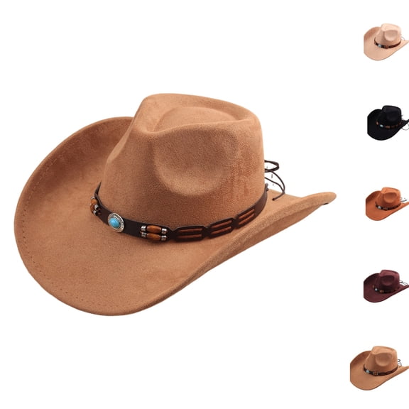 Vintage Wide Brim Felt Cowboy Hat with Decorative Hat Band, Classic Western Style Fedora Cowgirl Hat, Lightweight Outdoor Travel Party Costume Hat for Men Women Khaki