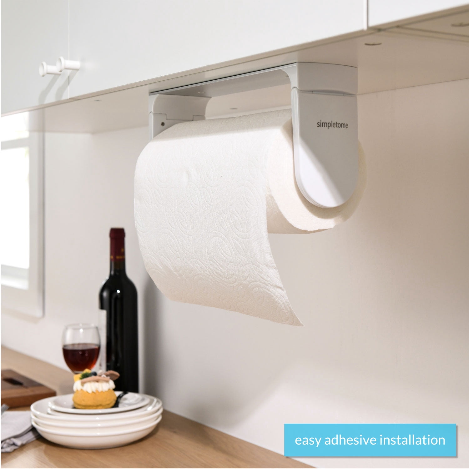 simpletome ONE HAND TEAR Paper Towel Holder Under Cabinet Adhesive or Drilling Installation Aluminum Alloy + ABS (White)
