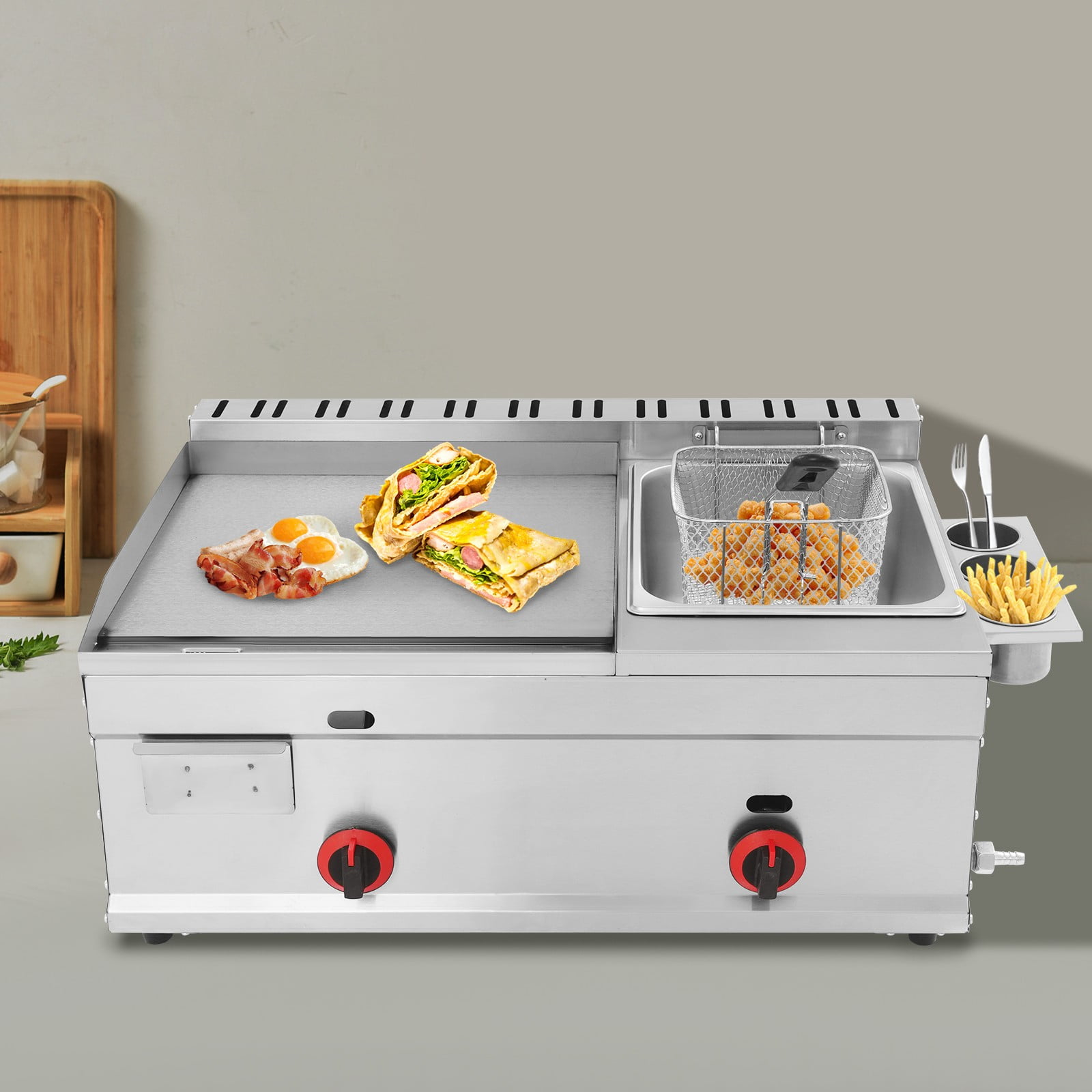 Commercial Gas Propane Flat Top Grill Griddle w/ Deep Fryer Multi-function Fryer Deep-frying Machine Large-capacity with Grill Griddle Gas Heating