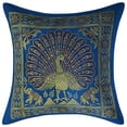 thumbnail image 2 of Stylo Culture Indian Living Room Brocade Turquoise And Gold Throw Pillow Covers 12x12 Jacquard Weave Banarasi Sofa Decorative Cushion Covers Dancing Peacock Floral 30x30 cm Cushion Covers (Set Of 2), 2 of 4