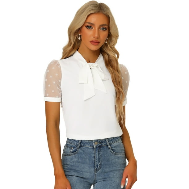 Blusa Manga De Malla Corta Cuello V De Pajarita Para Mujer Blanco XS