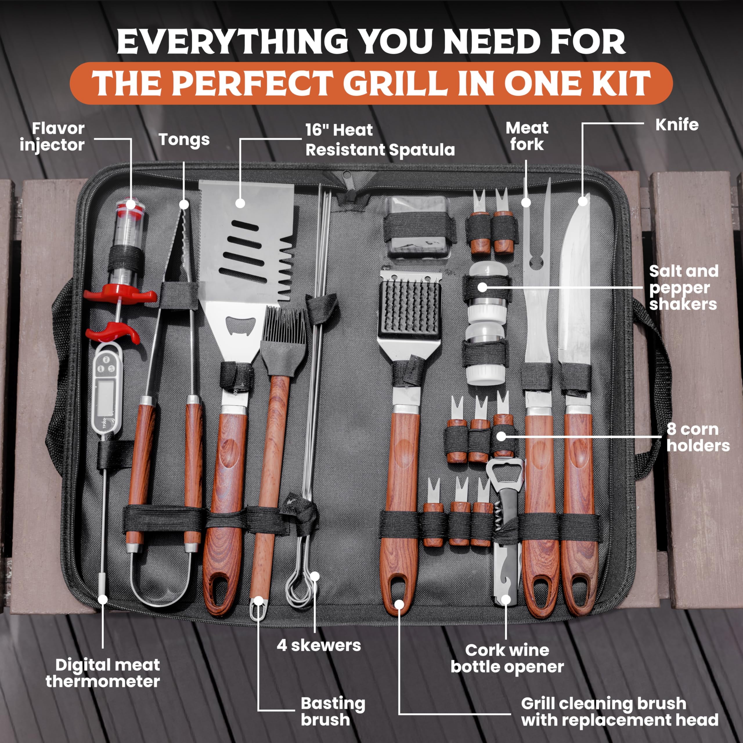 Grill Tool Set Stainless Steel 24-Pack WoodStyleHandle for Outdoor Grilling