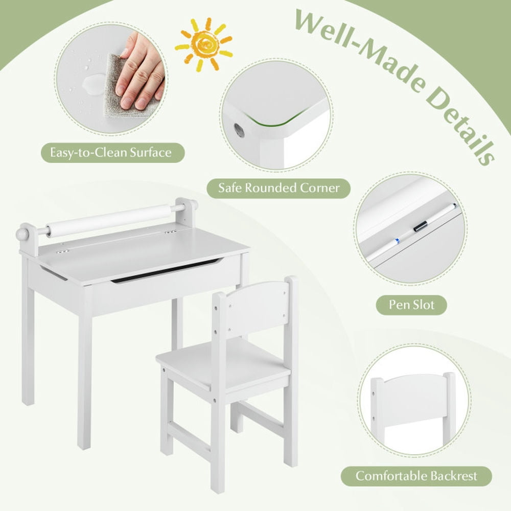 Resenkos Wooden Kids Table and Chair Set with Storage and Paper Roll Holder-White, Small Folding Table for Arts & Crafts, Snack Time, Homeschooling, Homework