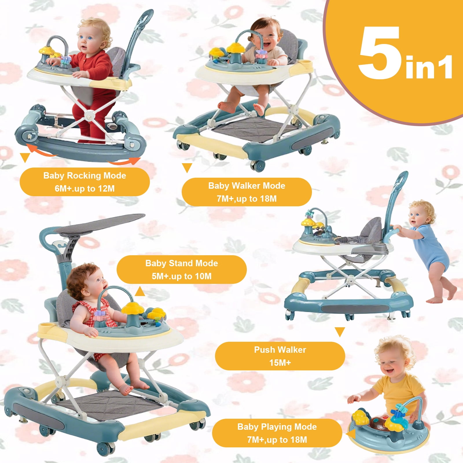 YUCHANG 5-in-1 Baby Walker ,for Boys and Girls , 6 -24 Months  - Foldable, Height Adjustable with Wheels (Green)