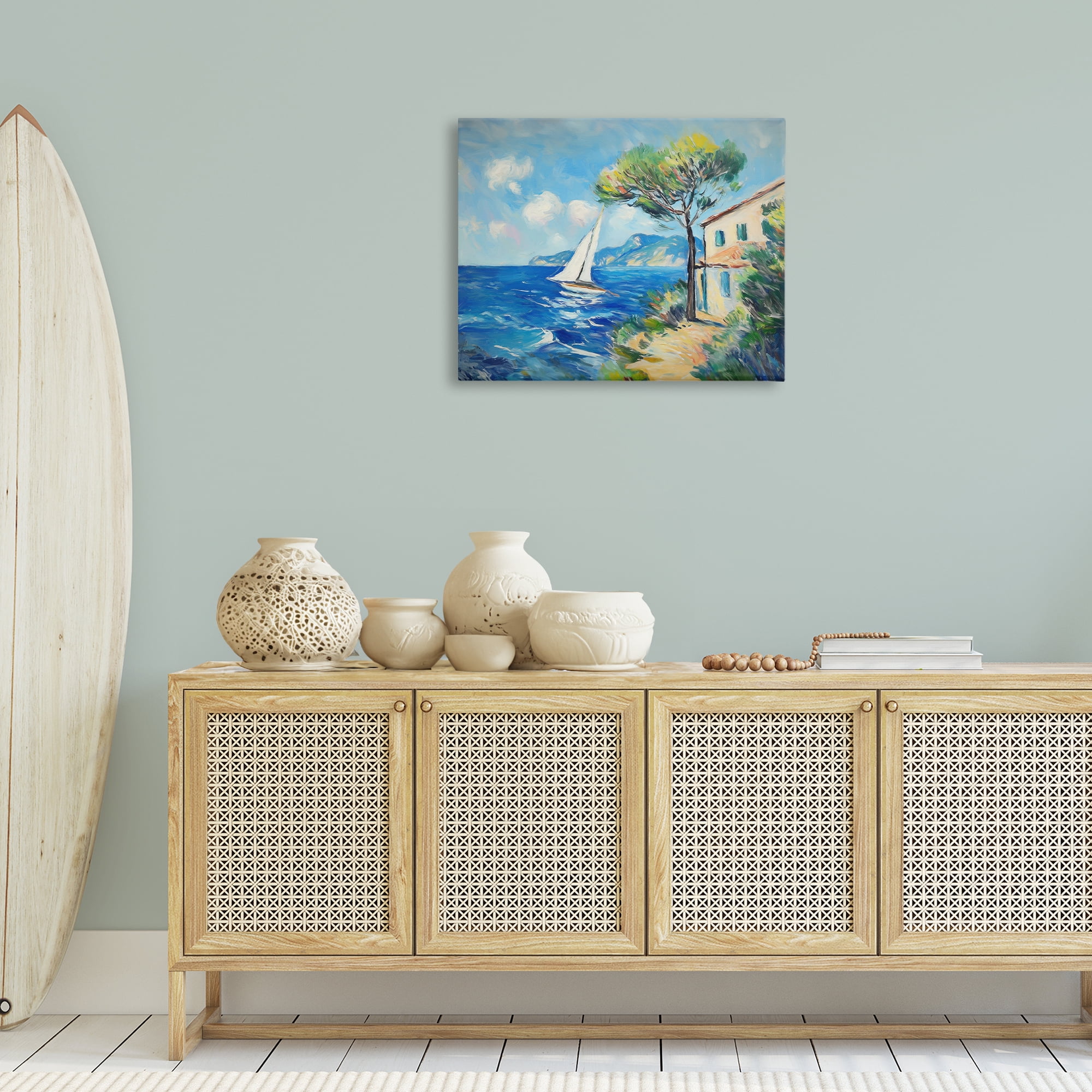 Stupell Industries Sailboat & Beach Villa Coastal Painting Gallery Wrapped Canvas Art Print Wall Art, 30 x 24