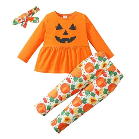 

MIASHUI Kids Girls Outfits Long Sleeve Pumpkin Prints Ruffles Tops Pants Headbands Three Piece Outfits Set Girls Halloween Costumes Orange 18-24 Months