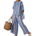thumbnail image 3 of Uootdi Linen Sets for Women 2 Piece Short Sleeve Oversized Striped Trim Top High Waist Flowy Wide Leg Pants Boho Vacation Matching Outfits, 3 of 5