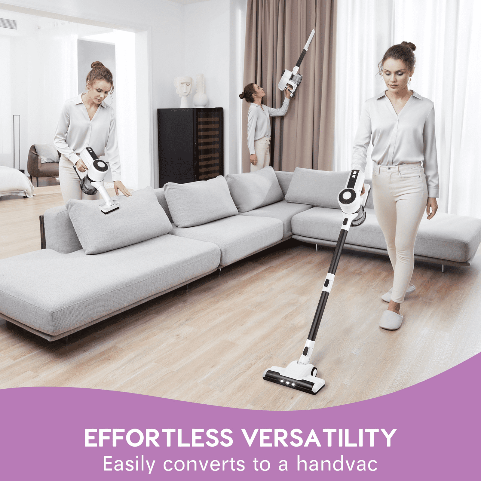 MOOSOO Stick Vacuum Cleaner, 30Kpa Powerful Suction Cordless Vacuum with Headlight Motorized Brush, Self-Standing for Hard Floor, Carpet Pet Hair, Black