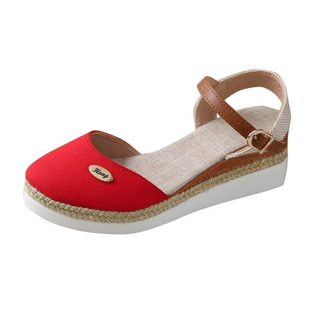 

Wioihee Women s Closed Toe Elastic Ankle Strap Espadrilles Wedge Sandals Clearance Red 9.5(43)