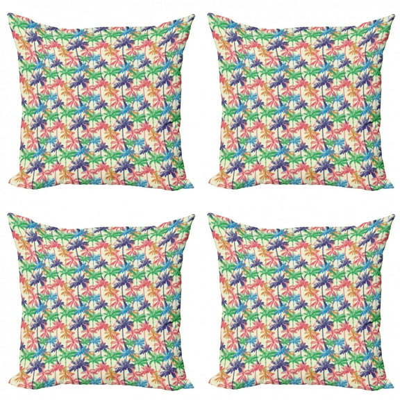 Ambesonne Tropical Throw Pillow Cover 4 Pack, Vibrant Tropic Palm Trees, 16", Multicolor
