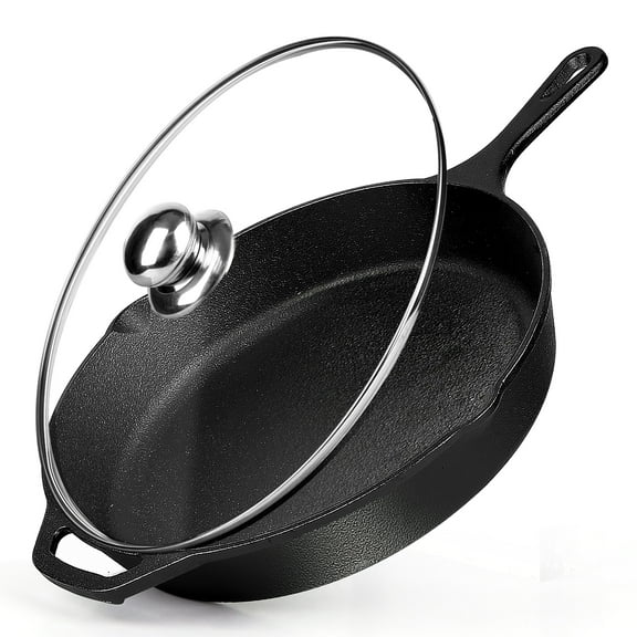 Cast Iron Skillet with Lid, AOKIWO 12" Pre-Seasoned Covered Frying Pan, Indoor/Outdoor Glass Cover Cookware Set for Grill, BBQ, Stovetop, Oven Safe