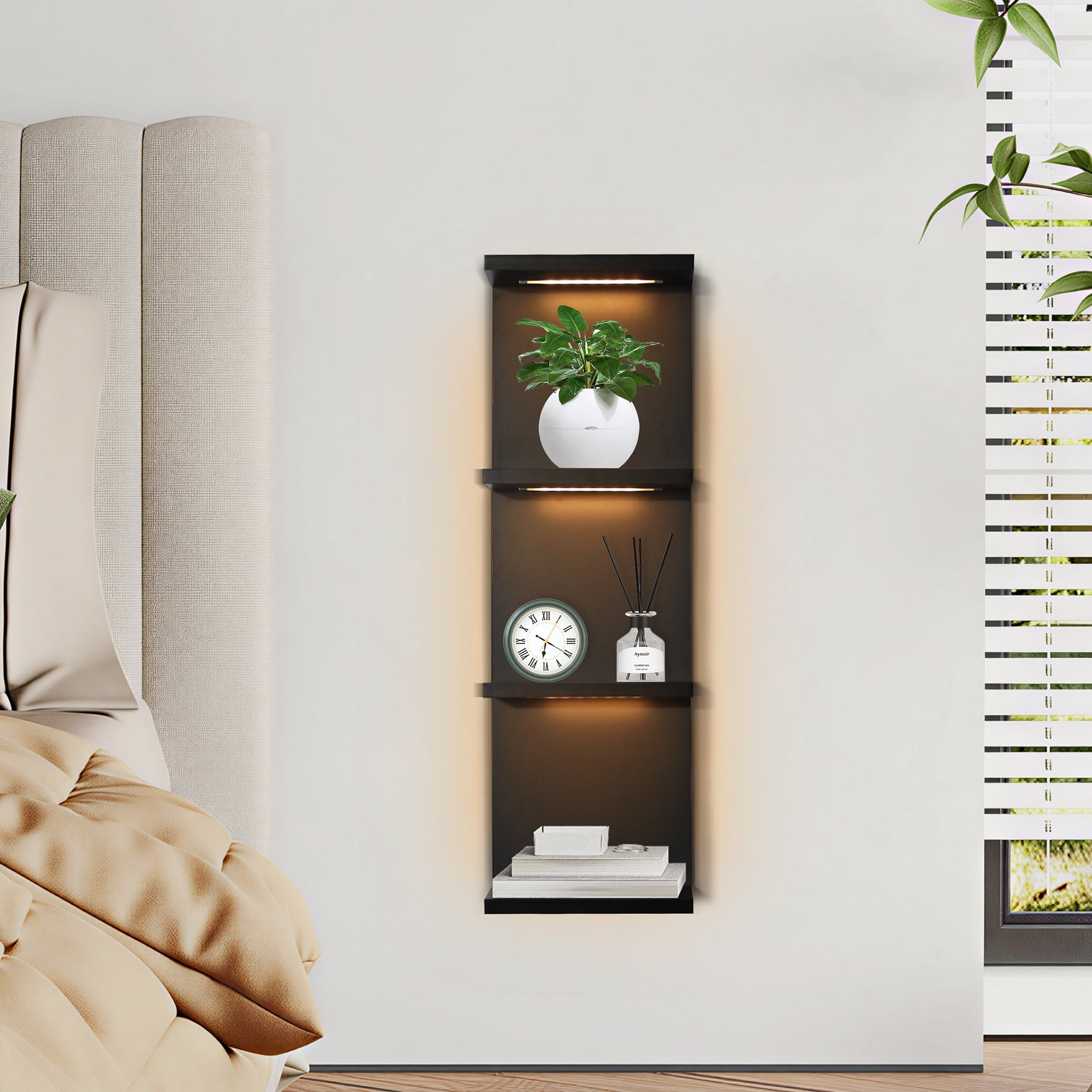 Versatile 4 Tier Wall Shelf Unit,Black Lack Wall Shelf,Display Floating Shelf with LED Remote Control Light
