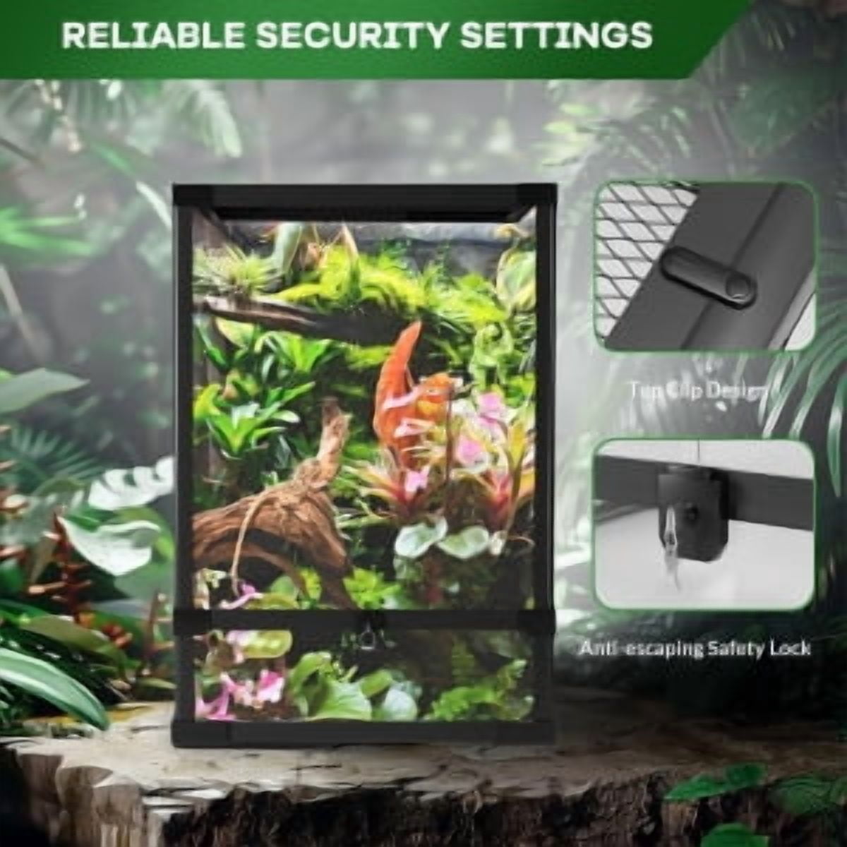 TEQIN Reptile Tall Glass Terrarium, Anti-Escape Reptile Glass Terrarium, Dual-Climate Water-Tight Base Rainforest Reptile Terrarium for Easy Maintenance,Reptile Enclosure with Top Screen Ventilation