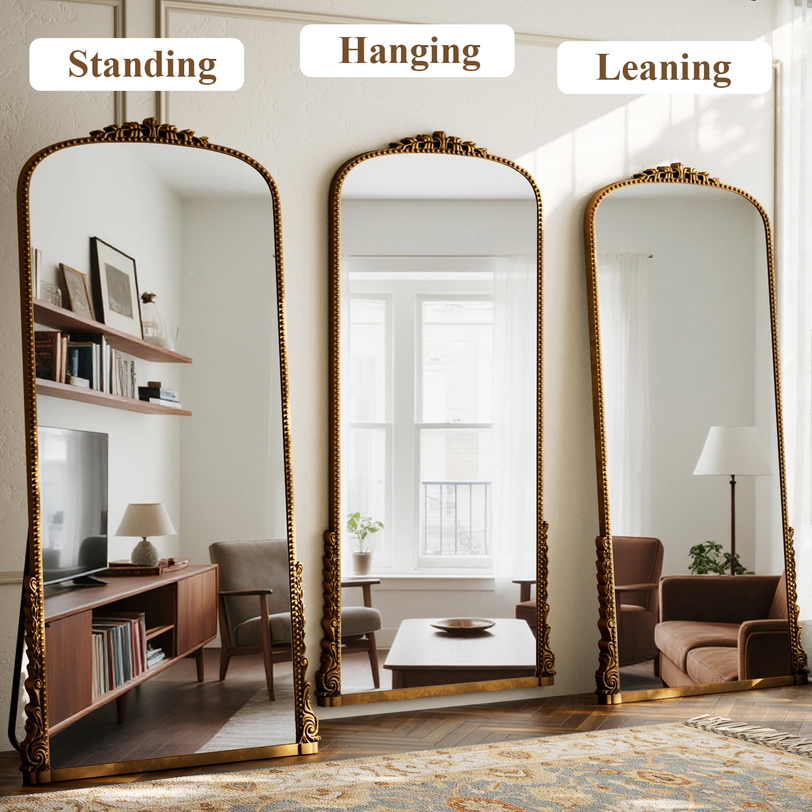 SHATTERVIEW 71"x32" Arched Full Length Mirror Vintage Floor Mirror with Stand Wall-Mounted Mirror, Antique Gold