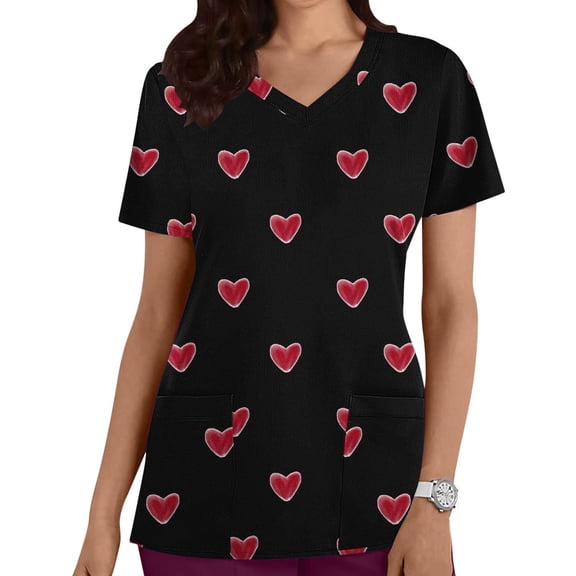 RKSTN Scrubs for Women Valentine's Day Heart Print Trendy Spring Summer V Neck Color Block Short Sleeve Caregiver Nursing Work Top with Pockets