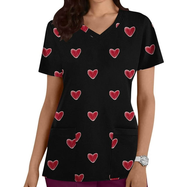 TaTaai Romantic Valentine Print Casual Blouse, Women's V Neck Short Sleeve Top with Functional Pockets, Lightweight Holiday Shirt for February Gifting Gift