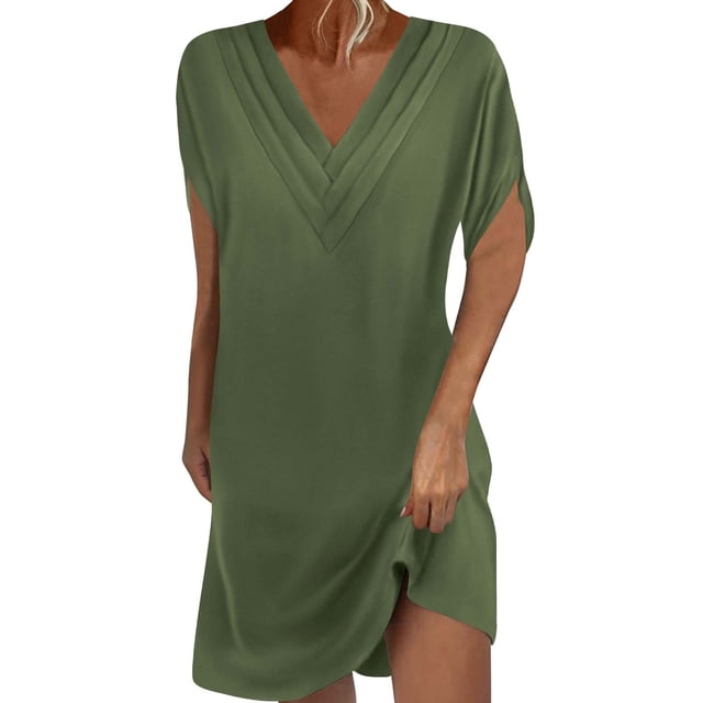 Liquidation d'Été 2025! Robe Grande Taille pour Femmes, Liquidation de Robe d'Été pour Femmes, Robe Unie à Manches Courtes Col en V Plissé Manches de Ballon
