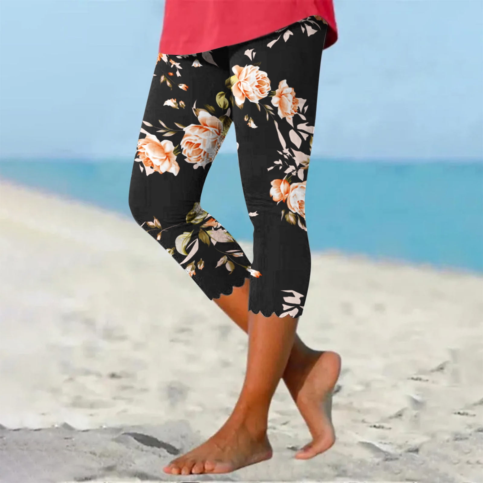 JWZUY Women's Flounce Cuff Hem Floral Capri Leggings Workout Yoga Running  Capris High Waisted Pull On Cropped Leggings Black L 