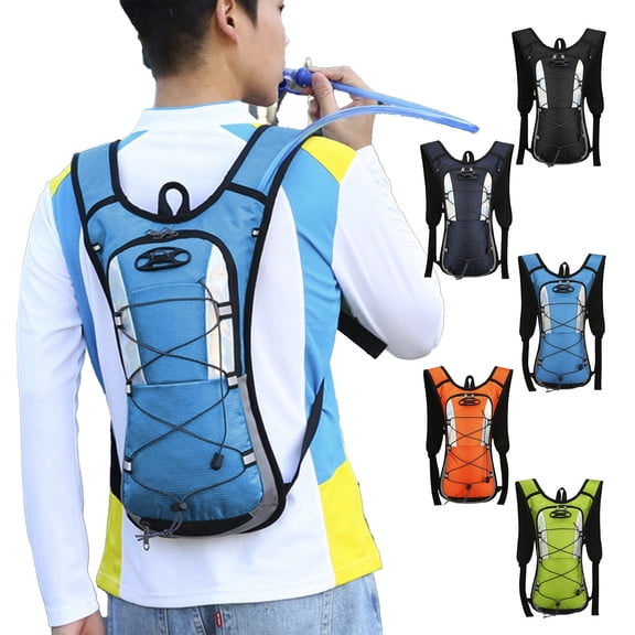 Hydration Backpack Water Pack for Hiking | Lightweight Polyester Hydropack with Mesh Pocket | Adjustable Straps | Reflective Trim | 16.93x9.06x1.97in | Black/Blue/Orange/Green