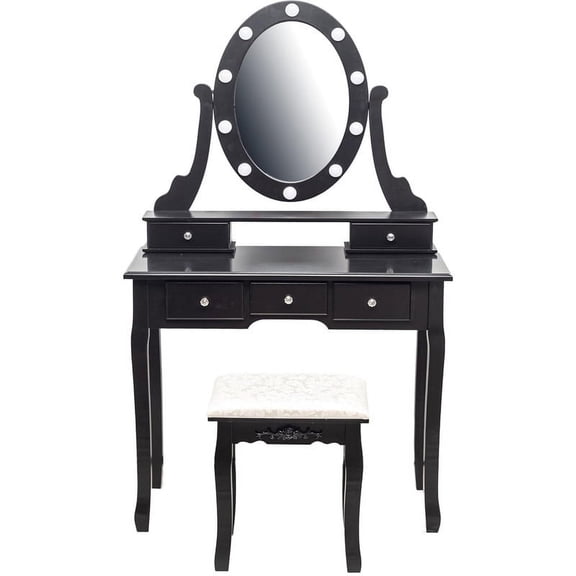 RONSHIN Makeup Vanity Table with Mirror & Lights, Black Wood Dressing Table with 5 Drawers & Stool for Bedroom