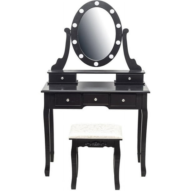 Tocador con Espejo e Iluminación, Mesa de Maquillaje de Madera con Espejo Ovalado y Taburete, Dormitorio Moderno, 5 Cajones, Negro