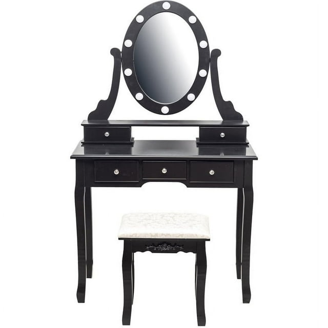 Tocador con Espejo e Iluminación, Mesa de Maquillaje de Madera con Espejo Ovalado y Taburete, Dormitorio Moderno, 5 Cajones, Negro
