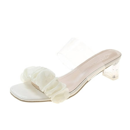 

sandals for Women Fashion Summer Women Sandals Transparent Pleated Strap Casual Middle Heel Chunky Heel PU Dress Sandals for Women White